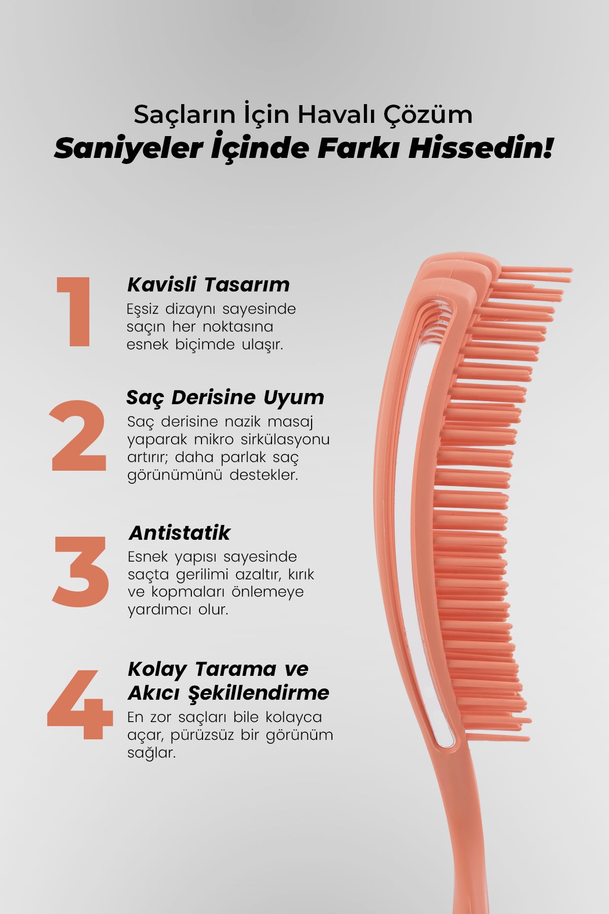 Image of AirFlex somon saç fırçası teknik özellikler - esnek pimli, ergonomik tasarım